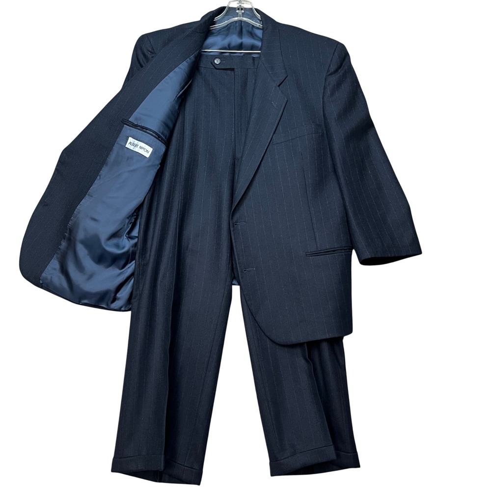 VTG 90s Albert Nipon 2-Piece Set Wool Suit Men 48R Navy Blue Pinstripe 2-Button